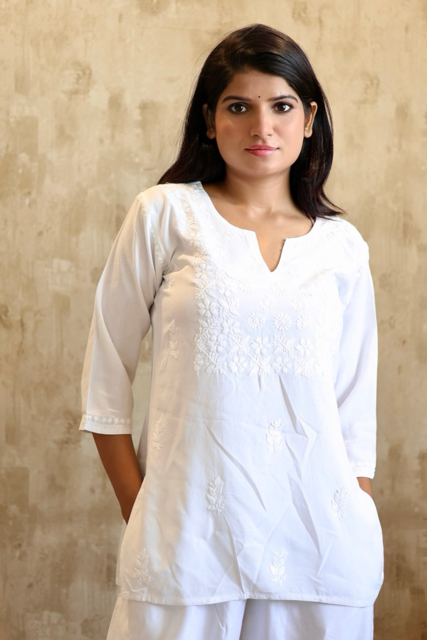 Lucknowi Chikankari Hand Embroidered Rayon Short Kurti / Top T-1 White