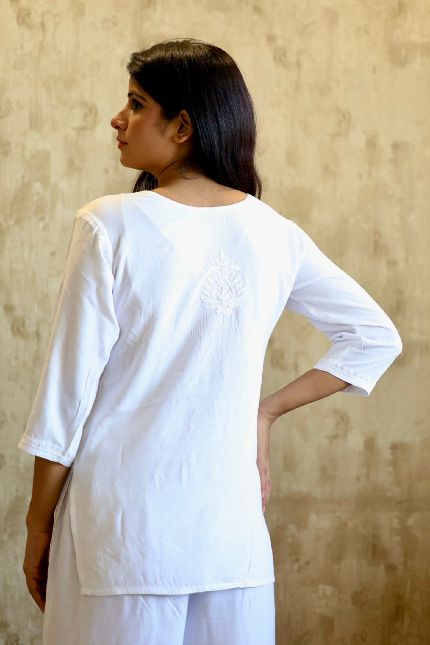 Lucknowi Chikankari Hand Embroidered Rayon Short Kurti / Top T-1 White