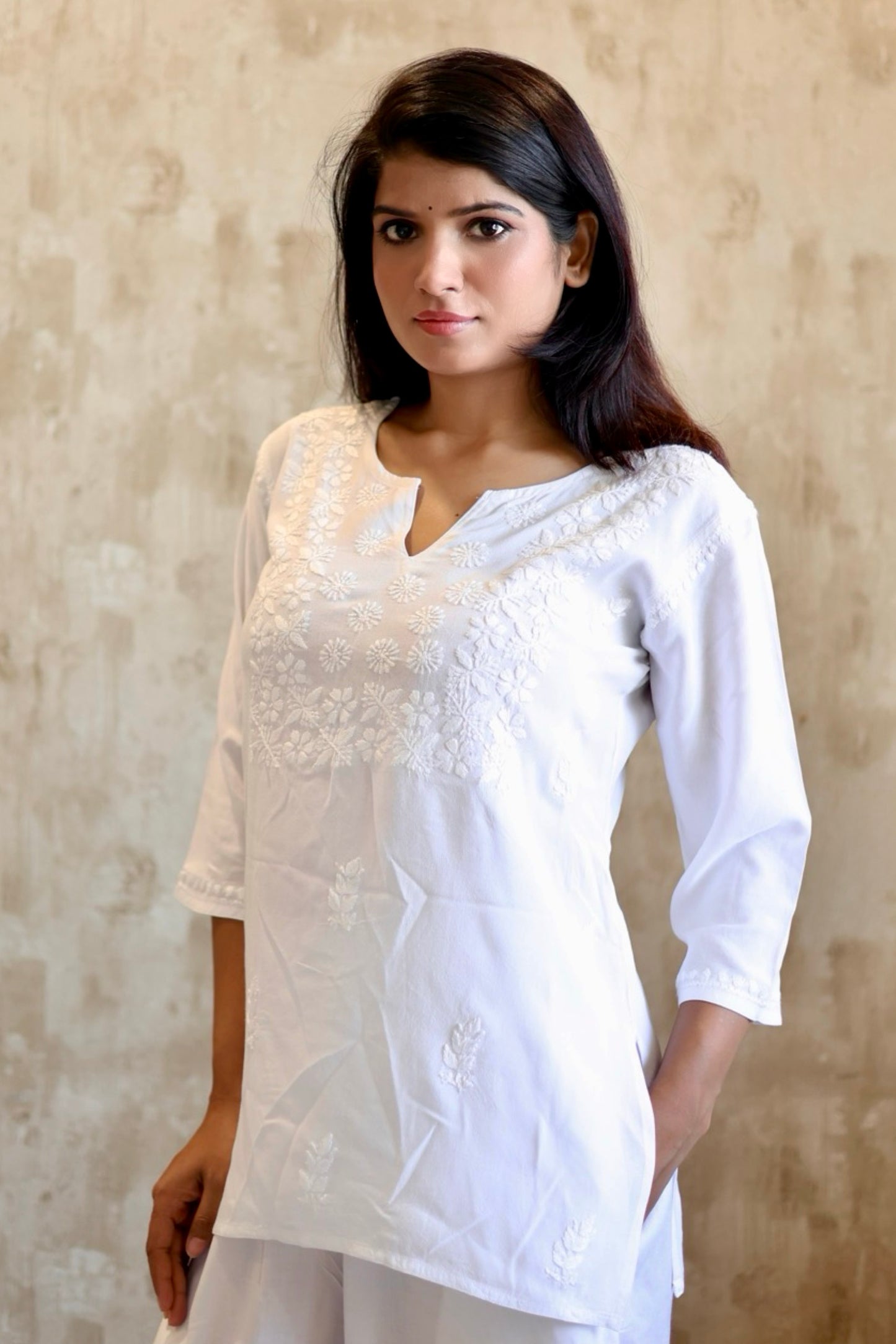 Lucknowi Chikankari Hand Embroidered Rayon Short Kurti / Top T-1 White