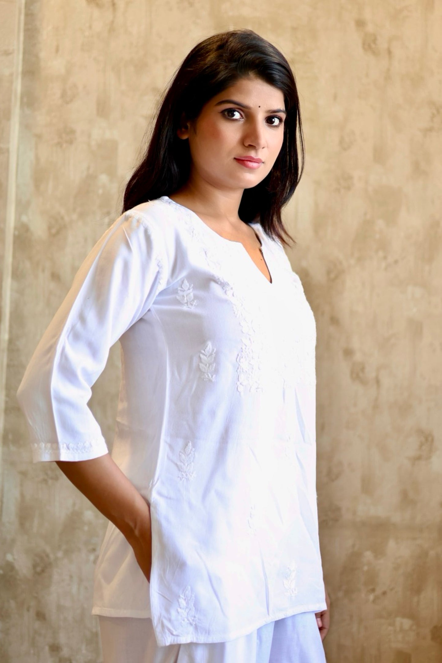 Lucknowi Chikankari Hand Embroidered Rayon Short Kurti / Top T-1 White