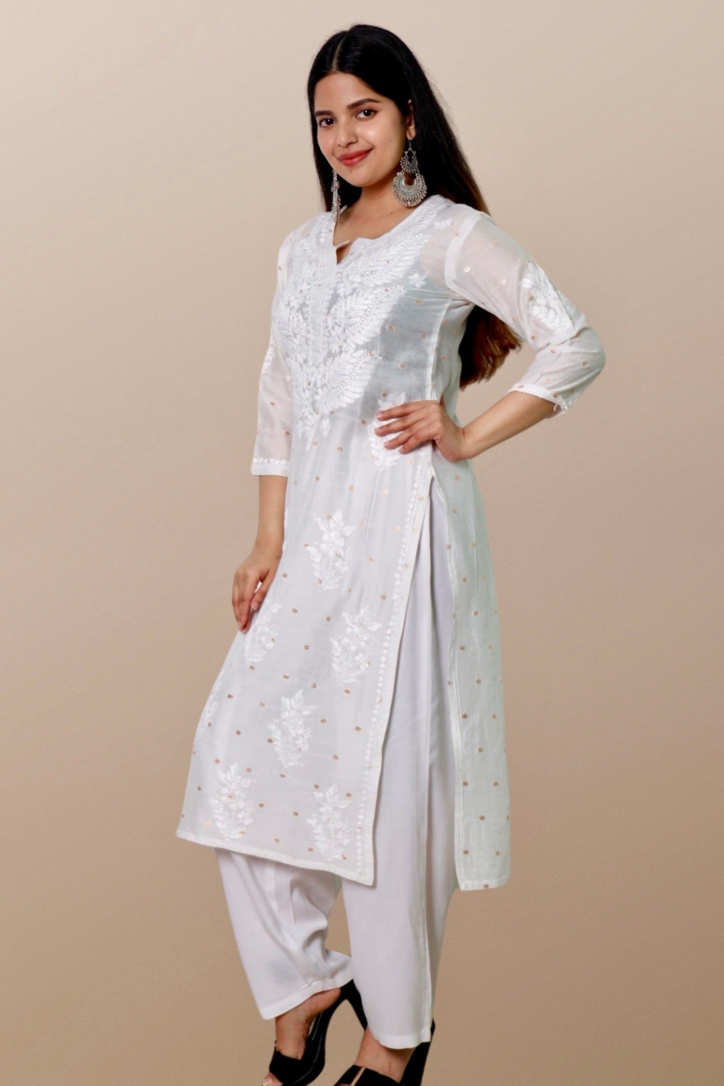 Hand Embroidered Chanderi Chikankari Kurta White