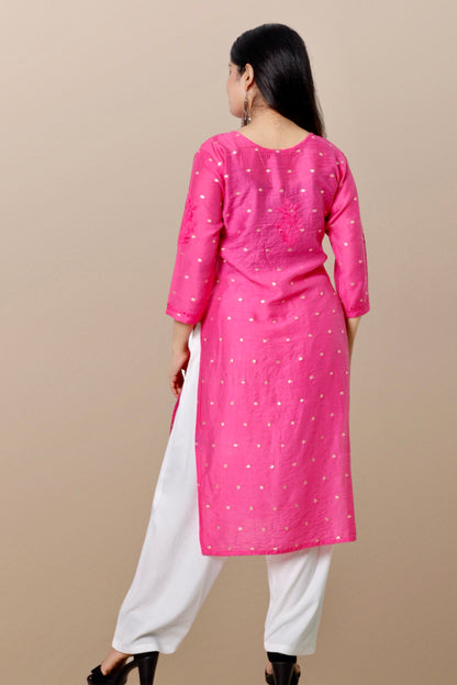 Hand Embroidered Chanderi Chikankari Kurta Pink