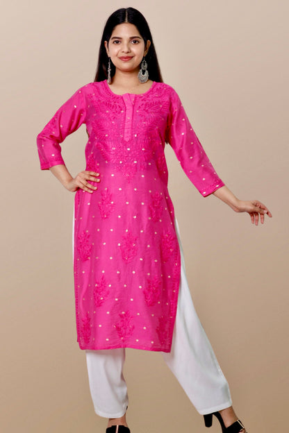 Hand Embroidered Chanderi Chikankari Kurta Pink