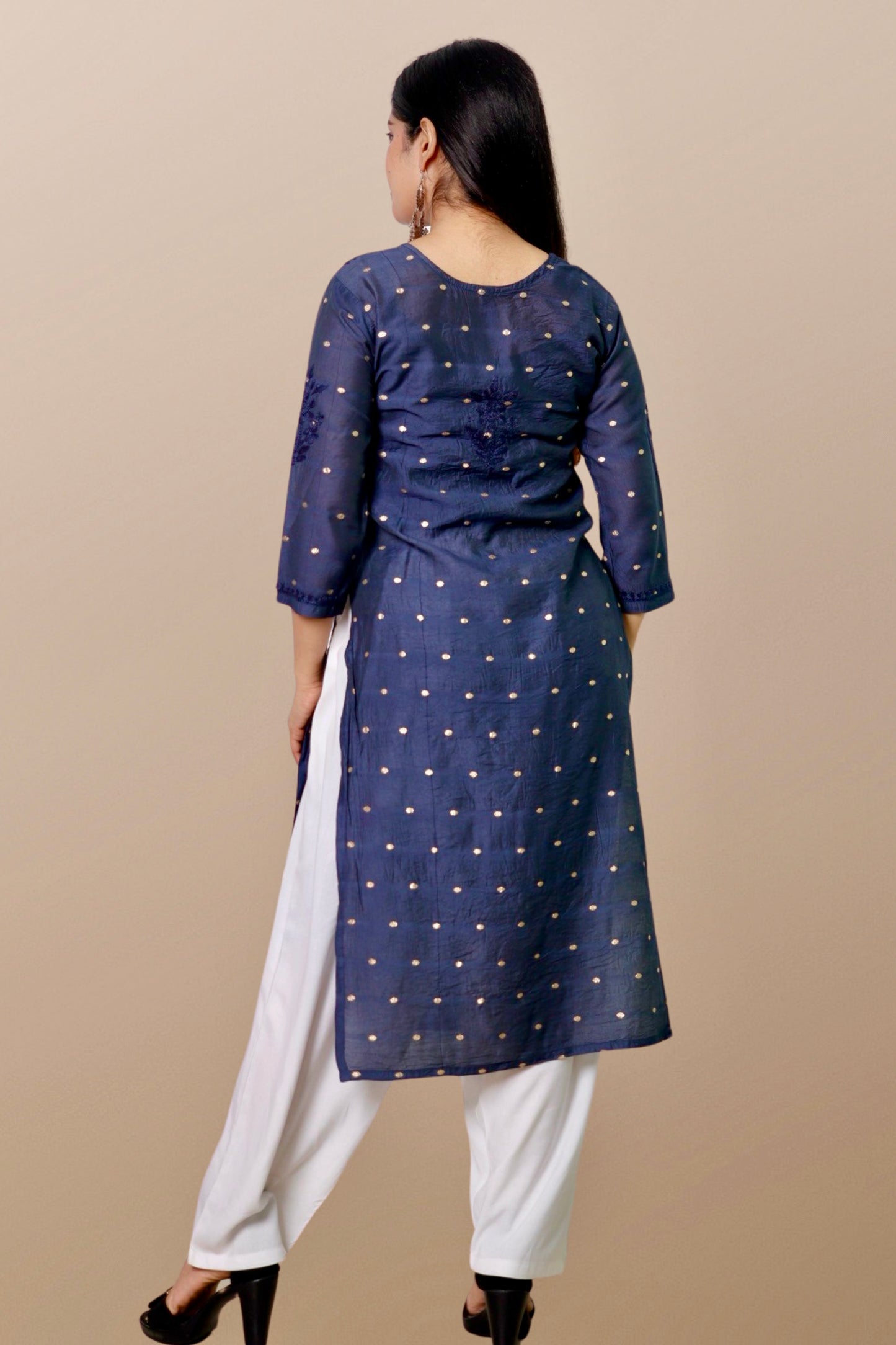 Hand Embroidered Chanderi Chikankari Kurta Blue