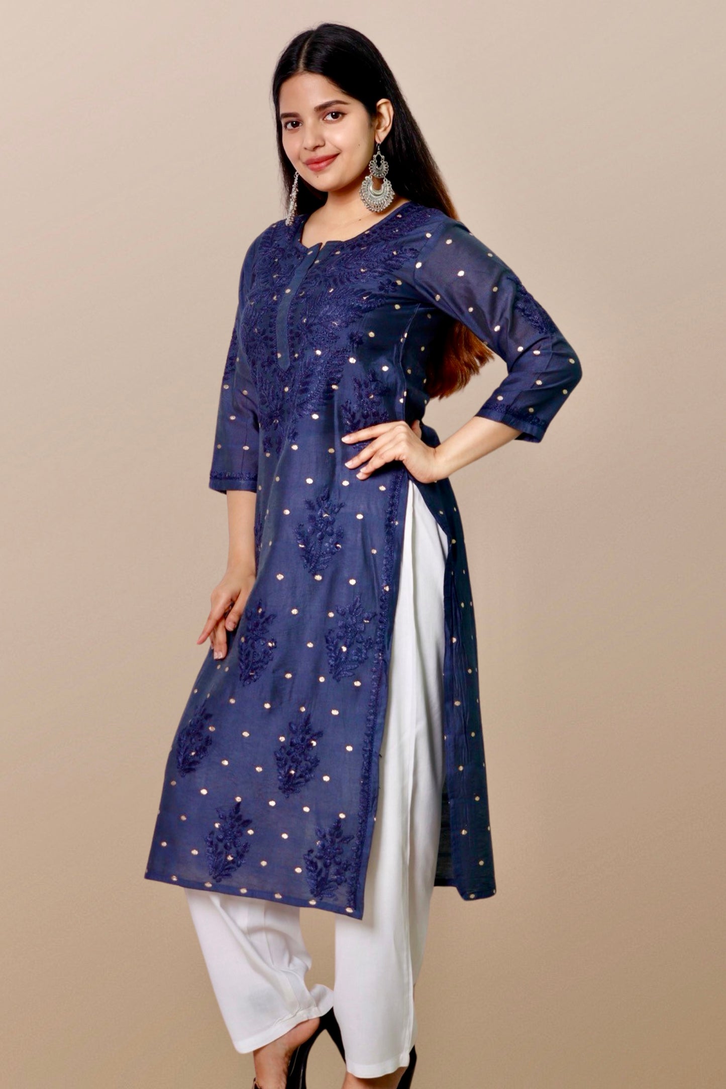 Hand Embroidered Chanderi Chikankari Kurta Blue