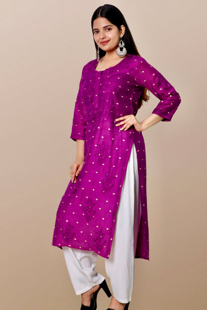 Hand Embroidered Chanderi Chikankari Kurta Purple