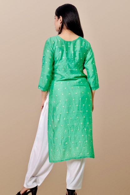 Hand Embroidered Chanderi Chikankari Kurta Green