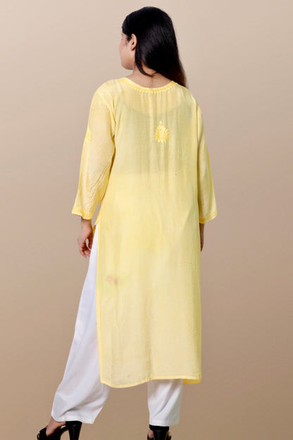 Hand Embroidered Chanderi Chikankari Kurta Yellow