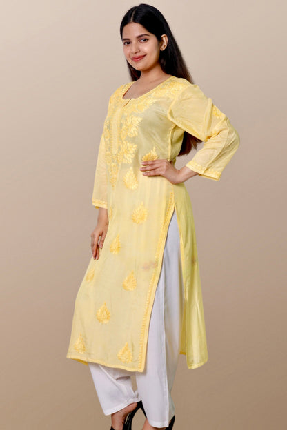 Hand Embroidered Chanderi Chikankari Kurta Yellow