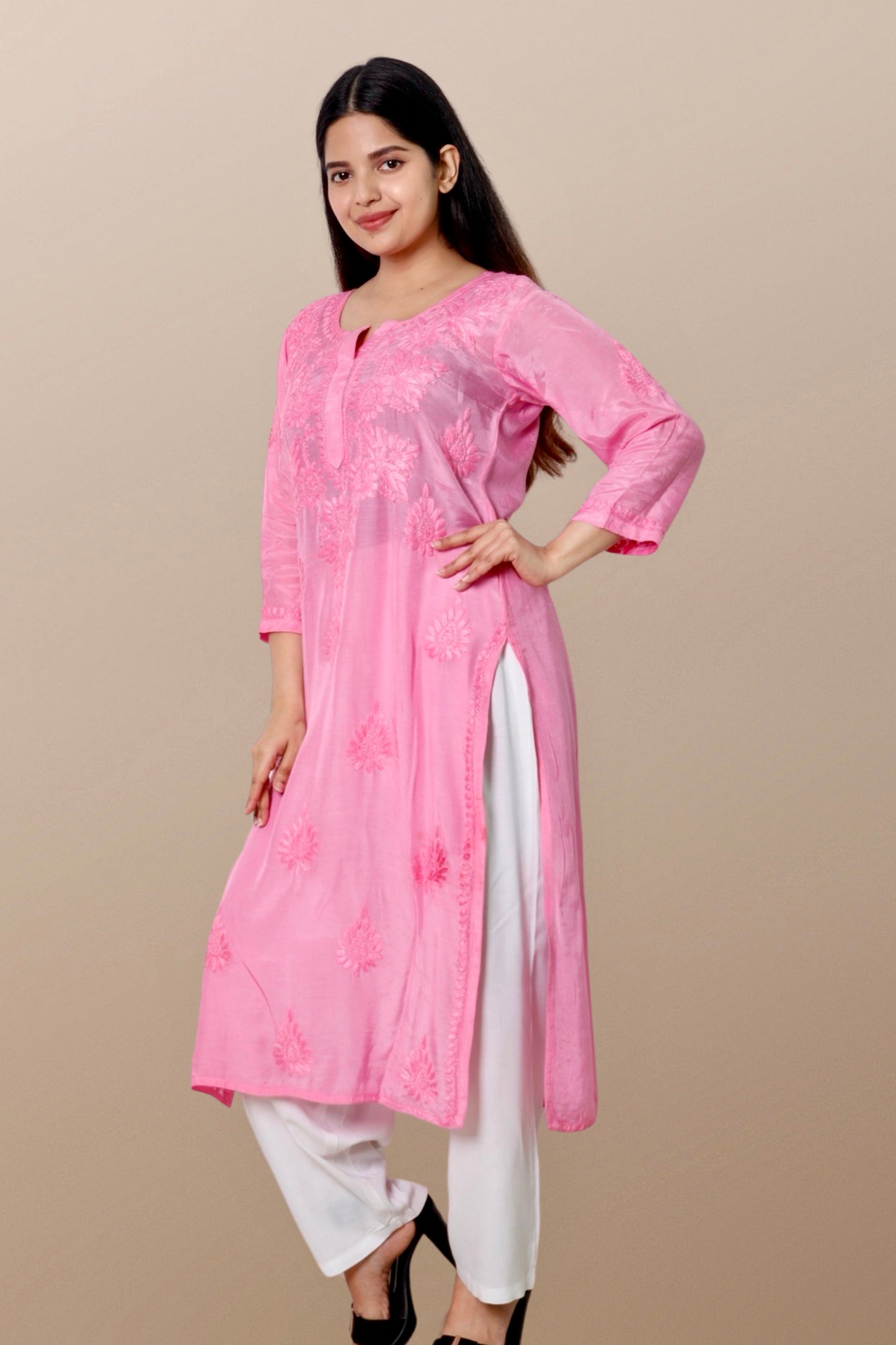 Hand Embroidered Chanderi Chikankari Kurta Pink