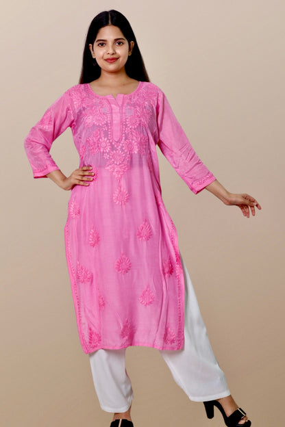 "Chikankari Kurta: A hand-embroidered Chanderi kurta featuring intricate Chikankari craftsmanship, showcasing delicate floral and geometric patterns for a timeless and elegant look."