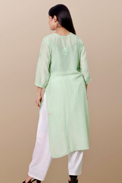 Hand Embroidered Chanderi Chikankari Kurta Green