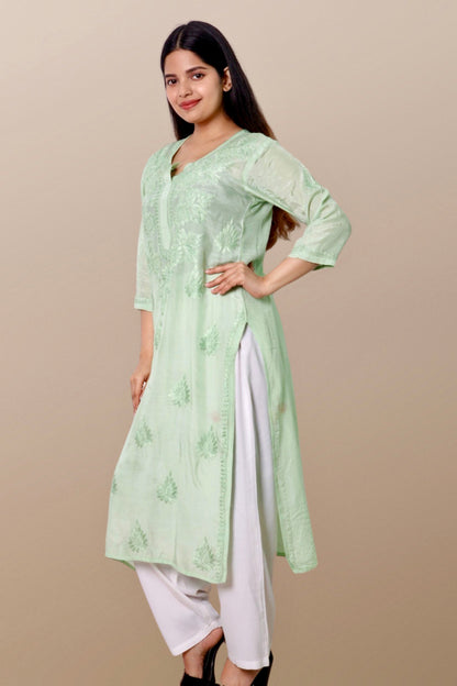 Hand Embroidered Chanderi Chikankari Kurta Green