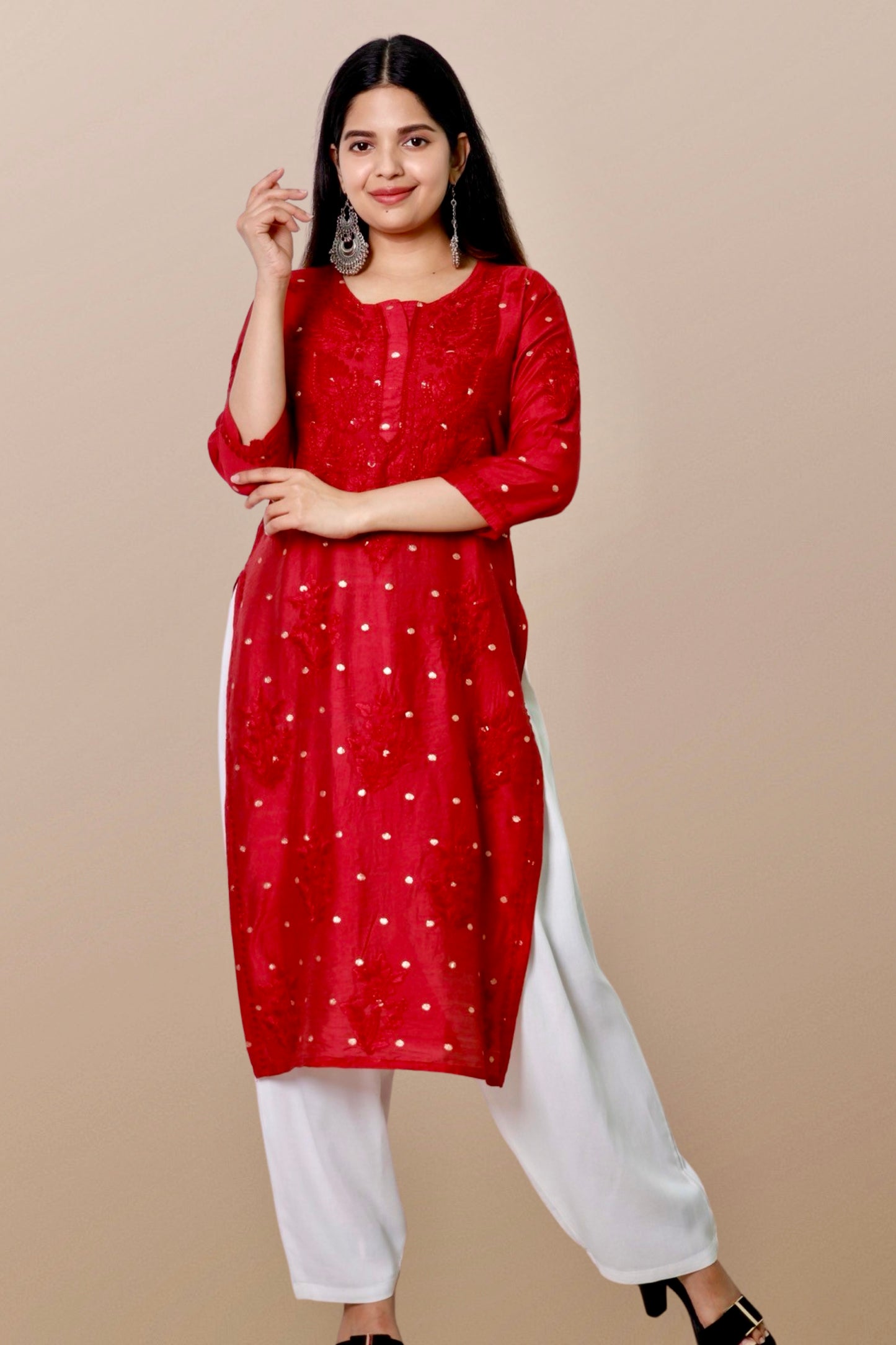 "Chikankari Kurta: A hand-embroidered Chanderi kurta featuring intricate Chikankari craftsmanship, showcasing delicate floral and geometric patterns for a timeless and elegant look."