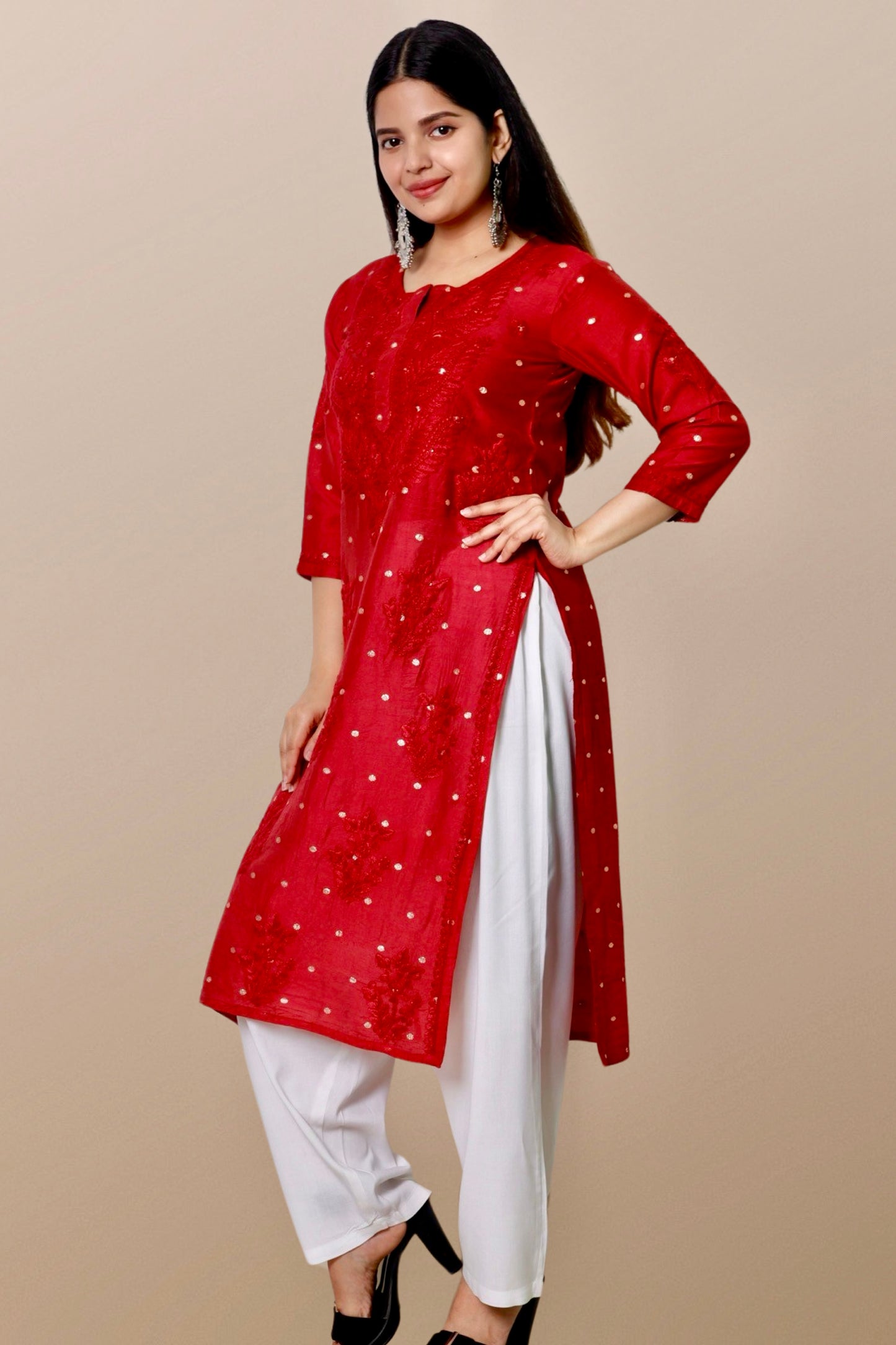 Hand Embroidered Chanderi Chikankari Kurta Red