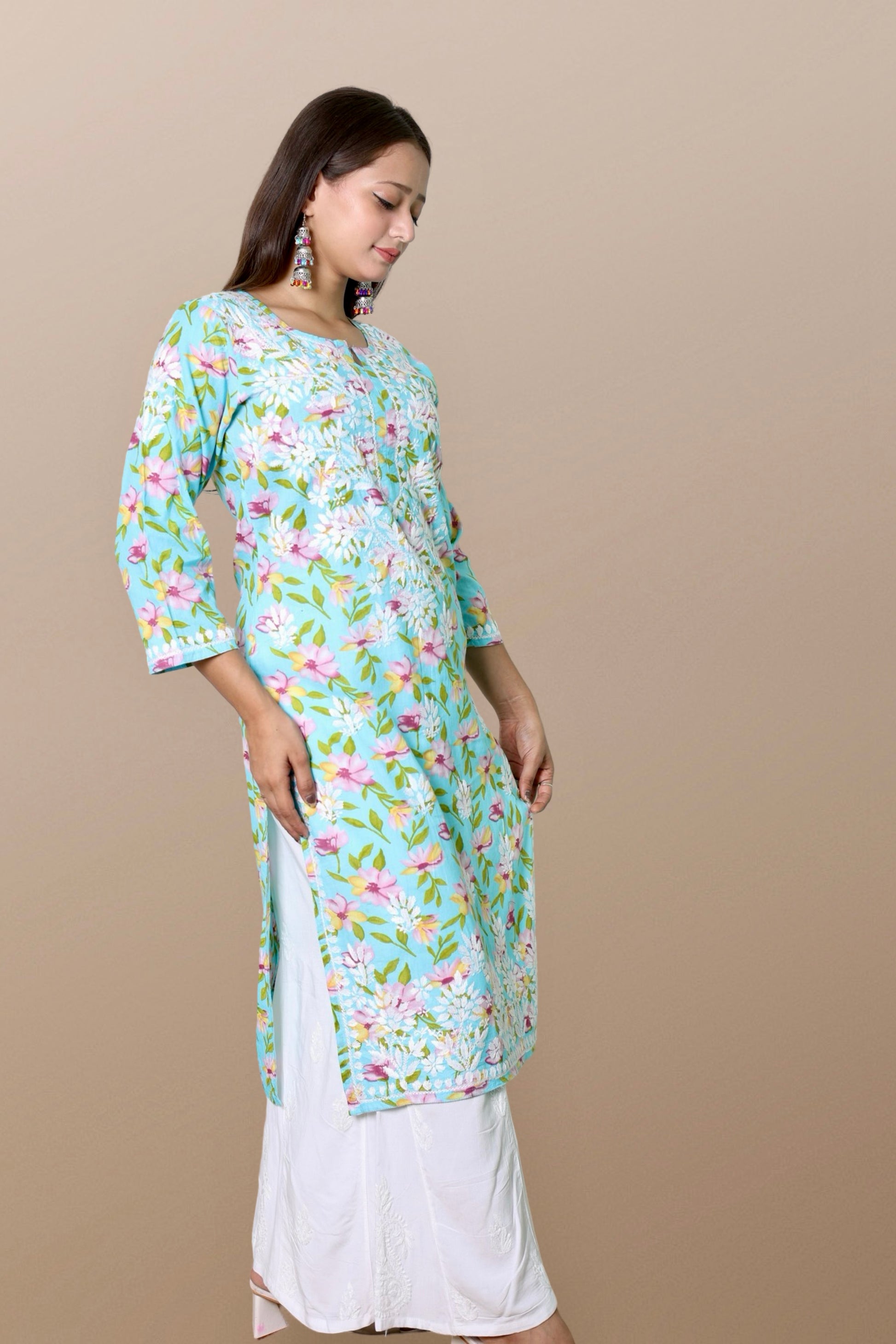 chikankari kurta women ethnic embroidered lucknowi chikan kurti festival daily wear girls handcrafted rayon fabric casual summer comfortable regular formal straight fit Lucknowi chicken ladies