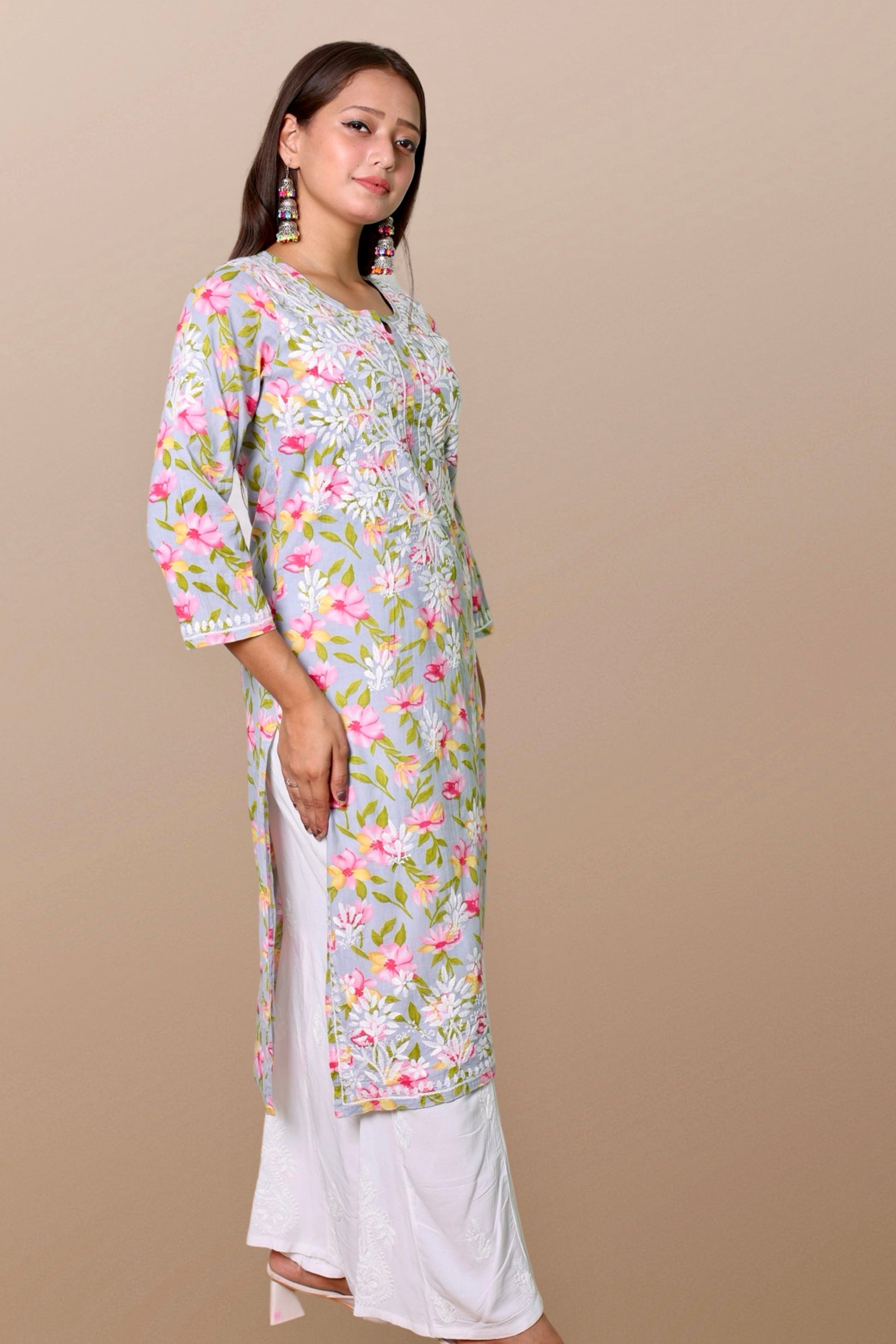 chikankari kurta women ethnic embroidered lucknowi chikan kurti festival daily wear girls handcrafted rayon fabric casual summer comfortable regular formal straight fit Lucknowi chicken ladies