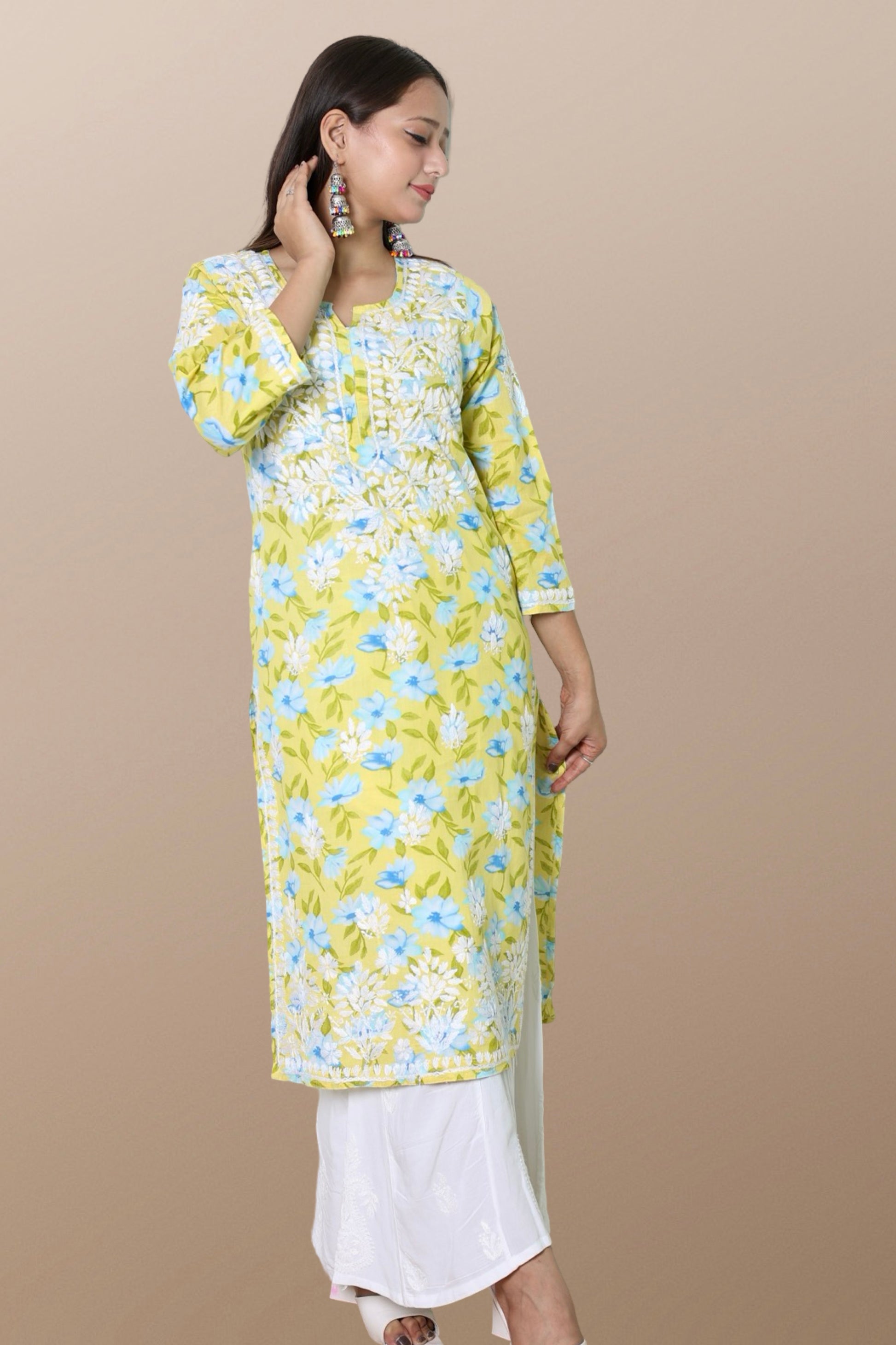 chikankari kurta women ethnic embroidered lucknowi chikan kurti festival daily wear girls handcrafted rayon fabric casual summer comfortable regular formal straight fit Lucknowi chicken ladies