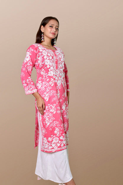 chikankari kurta women ethnic embroidered lucknowi chikan kurti festival daily wear girls handcrafted rayon fabric casual summer comfortable regular formal straight fit Lucknowi chicken ladies