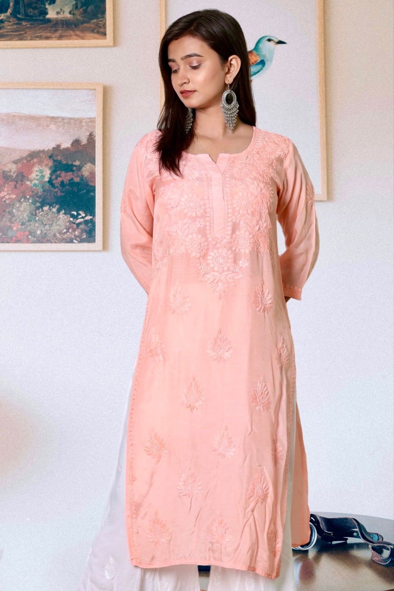 Luxury Stitched Hand Embroidered Lucknowi Chanderi Chikankari Kurti