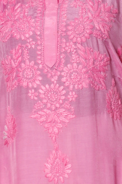 Hand Embroidered Chanderi Chikankari Kurta Pink