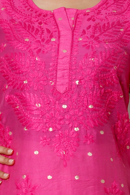 Hand Embroidered Chanderi Chikankari Kurta Pink