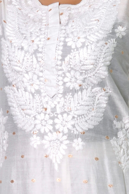 Hand Embroidered Chanderi Chikankari Kurta White