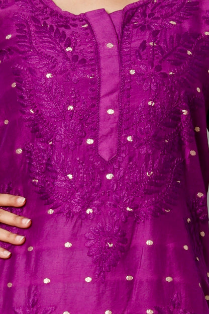 Hand Embroidered Chanderi Chikankari Kurta Purple