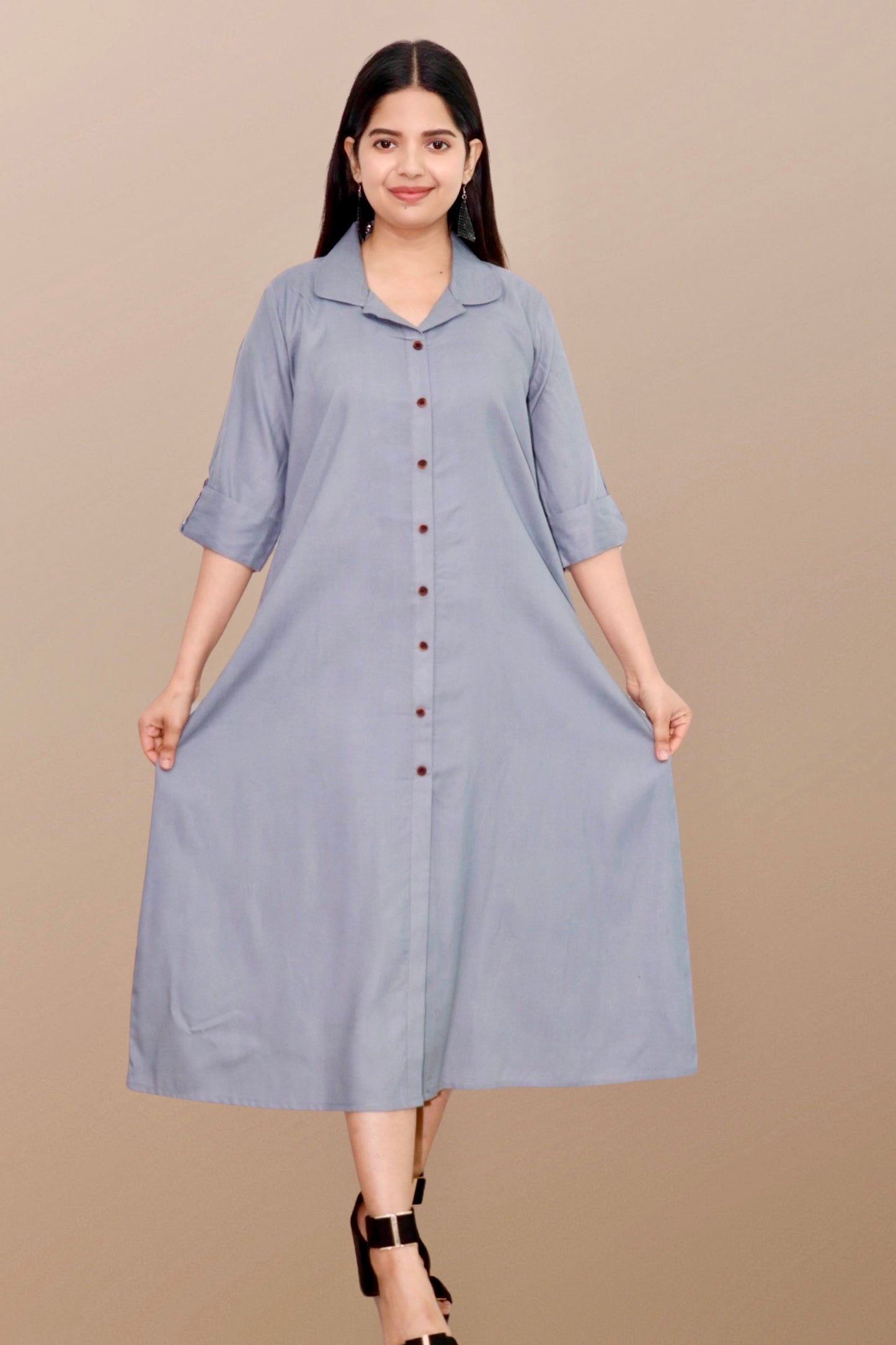 Plus Size Solid Rayon A-Line Kurta For Women Grey