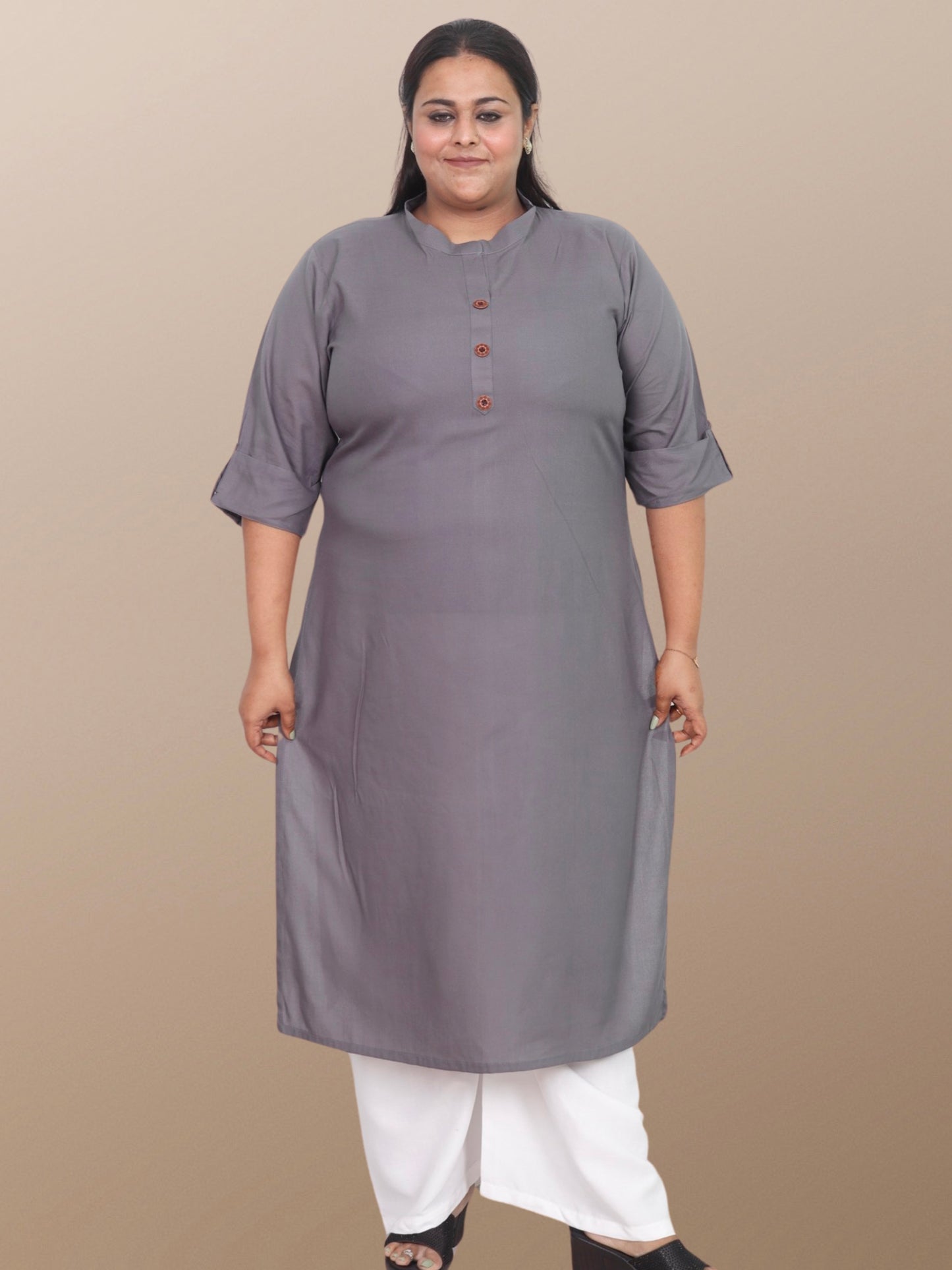 Plus Size Solid Rayon Kurta For Women Grey