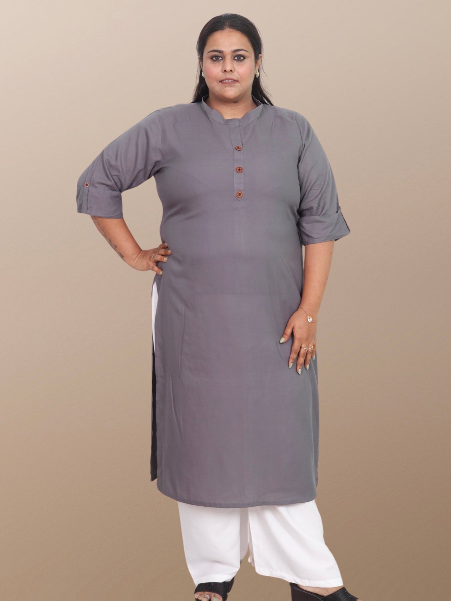 Plus Size Solid Rayon Kurta For Women Grey