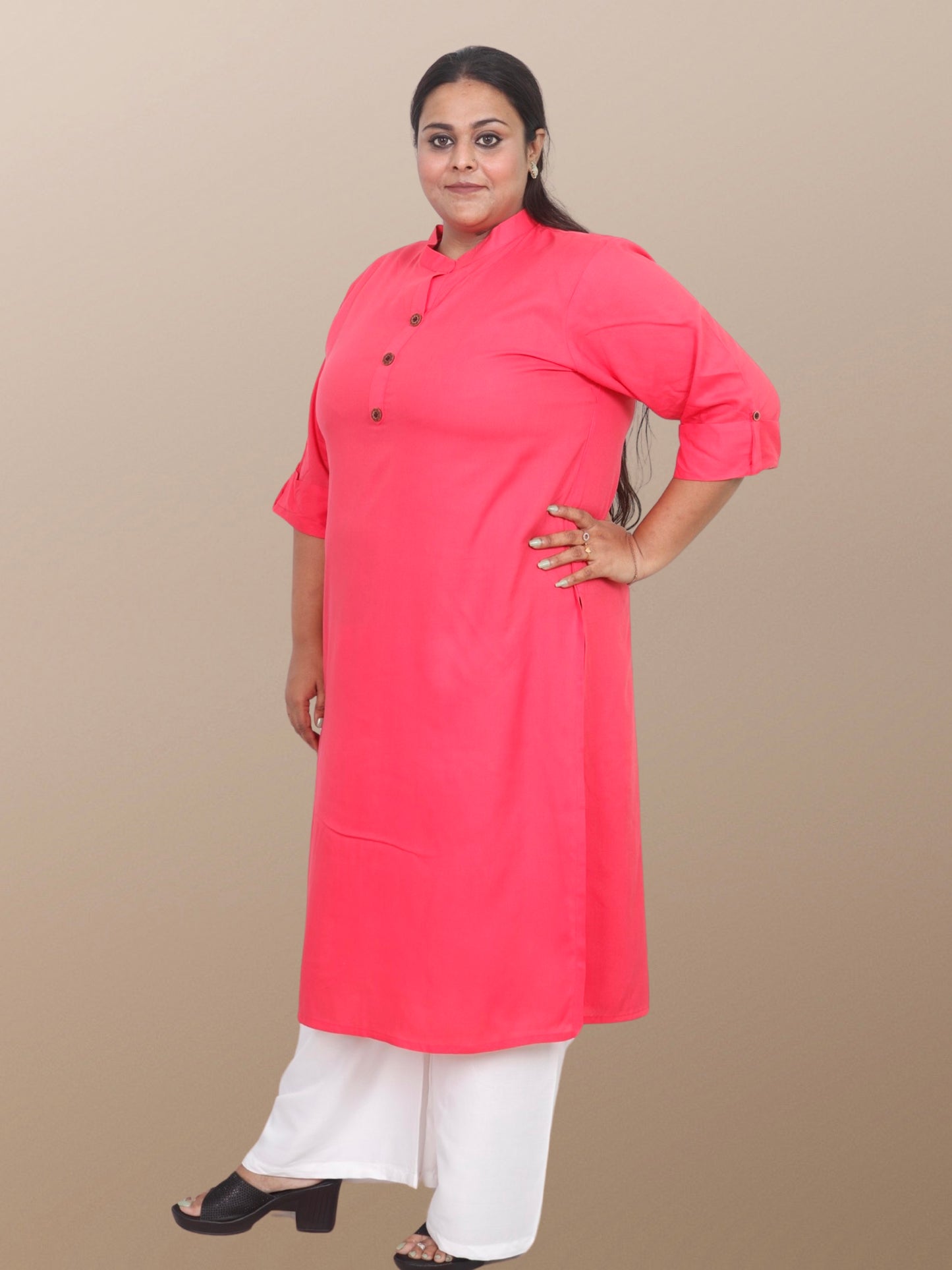 Plus Size Solid Rayon Kurta For Women Peach