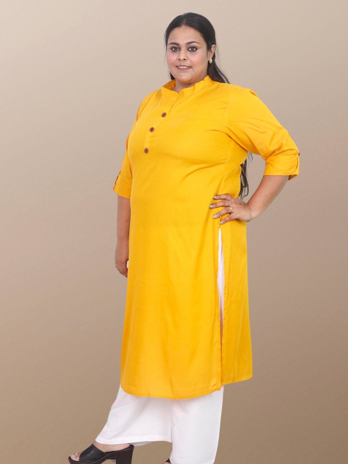 Plus Size Solid Rayon Kurta For Women Yellow