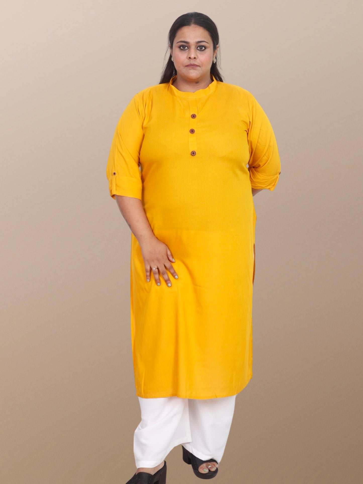 Plus Size Solid Rayon Kurta For Women Yellow