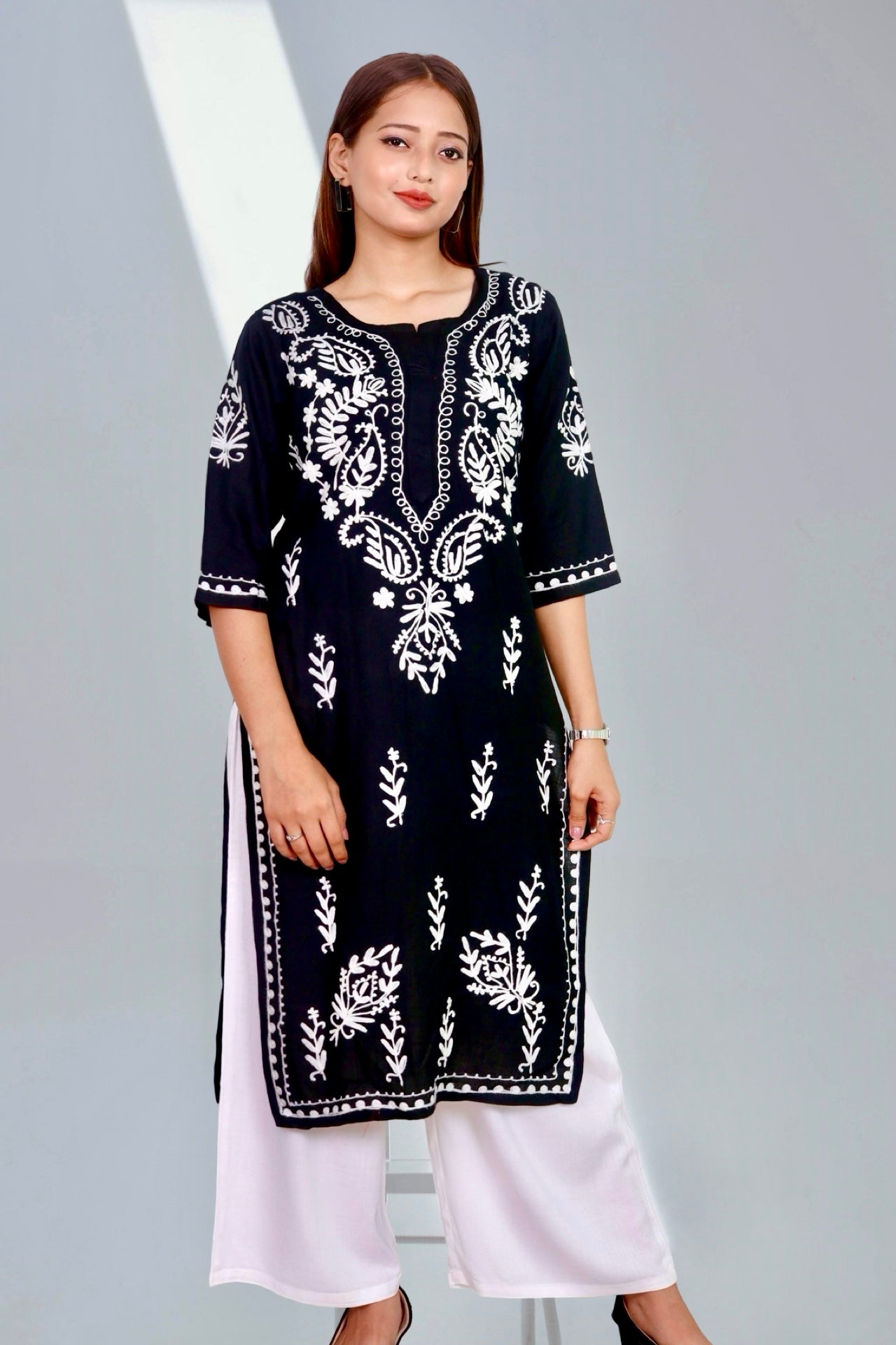 Plus Size Chikan Embroidery Aari Work Kurti for Women Black