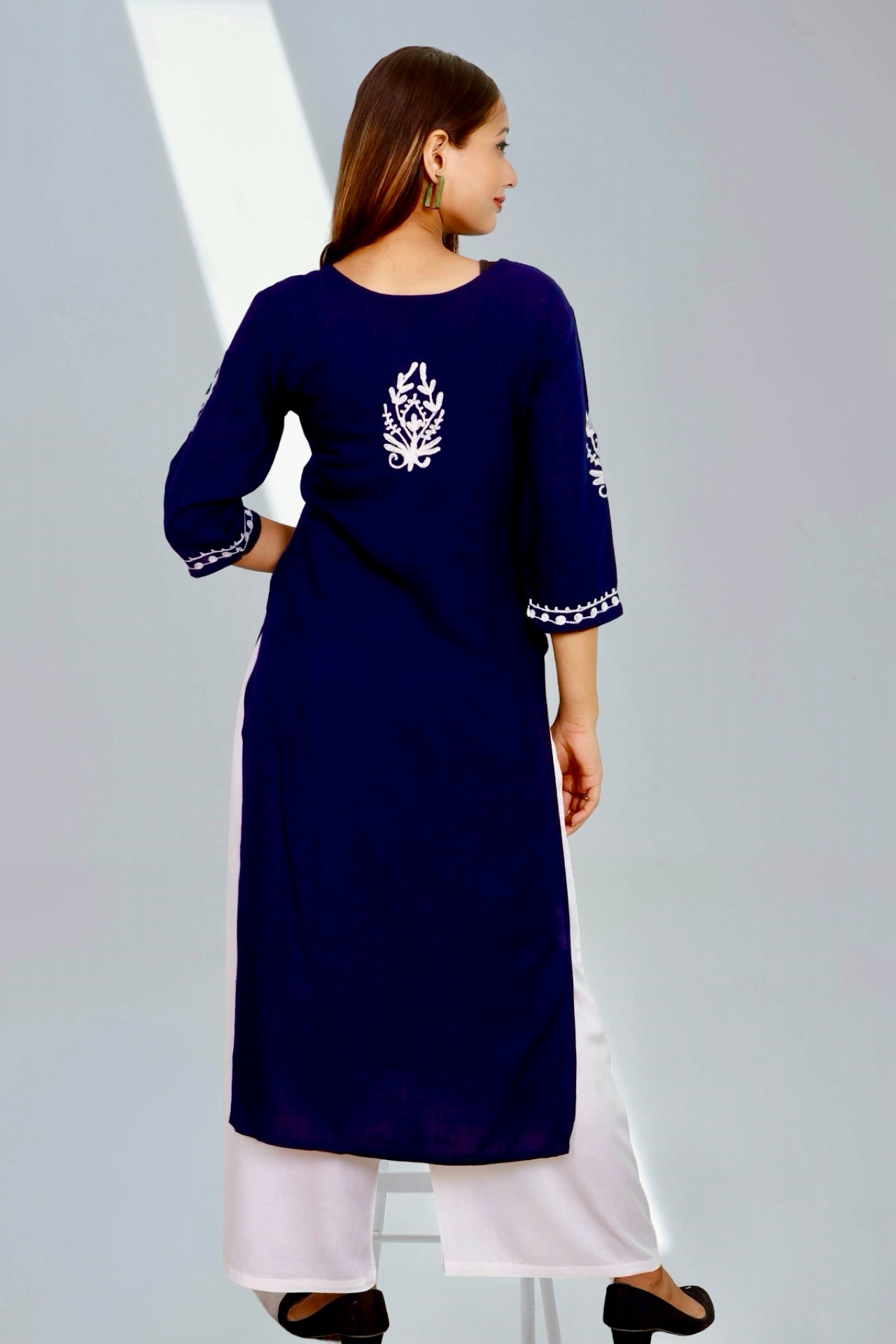 Plus Size Chikan Embroidery Aari Work Kurti for Women Blue