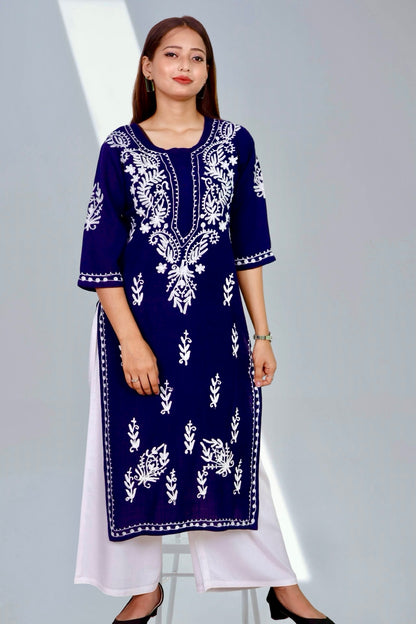 Plus Size Chikan Embroidery Aari Work Kurti for Women Blue