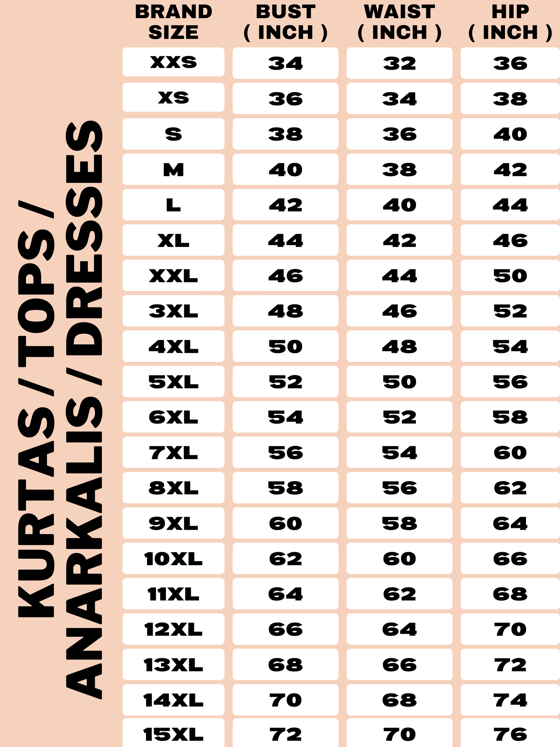 plus Size Kurti for Women3XL- 48, 4XL- 50, 5XL- 52, 6XL- 54, 7XL- 56, 8XL- 58, 9XL- 60, 10XL- 62, 11XL- 64, 12XL- 66, 13XL-68, 14XL-70, 15XL-72.