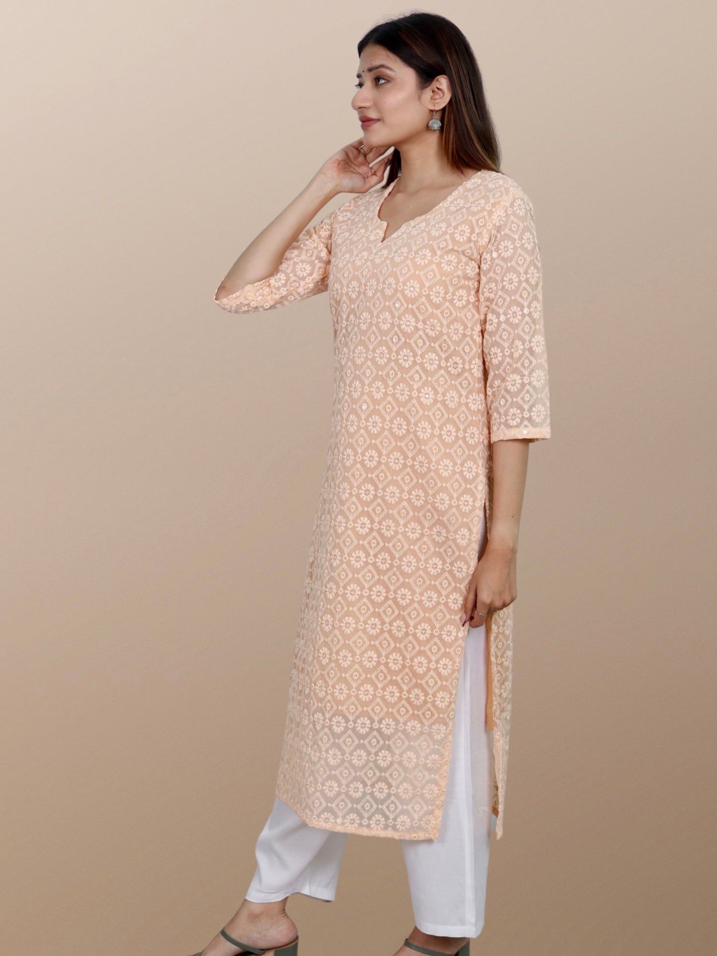 Plus Size Chikan Embroidery Kurta with Attached Slip Beige