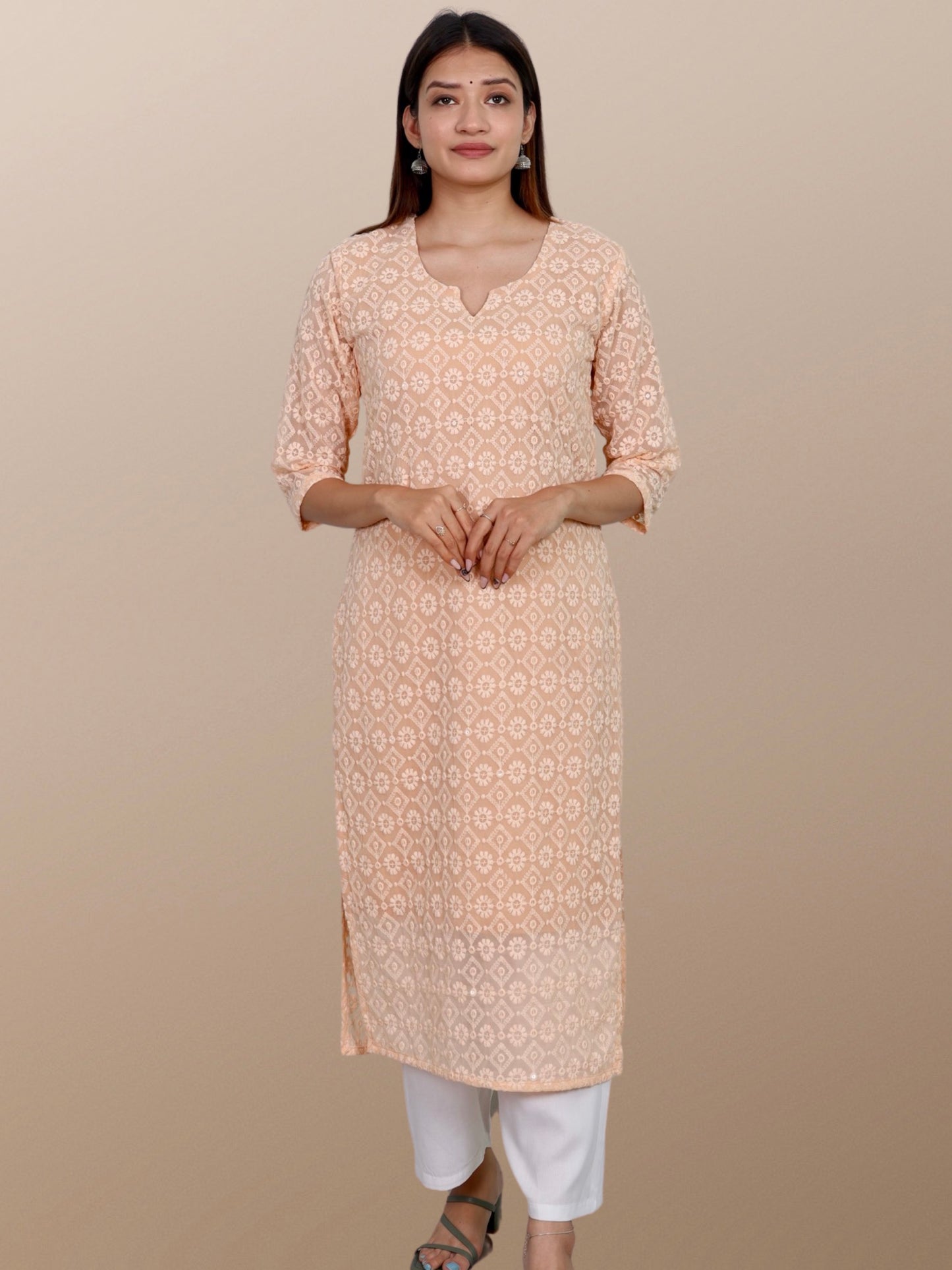 Plus Size Chikan Embroidery Kurta with Attached Slip Beige