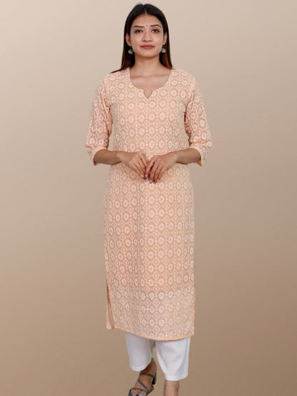 Plus Size Chikan Embroidery Kurta with Attached Slip Beige