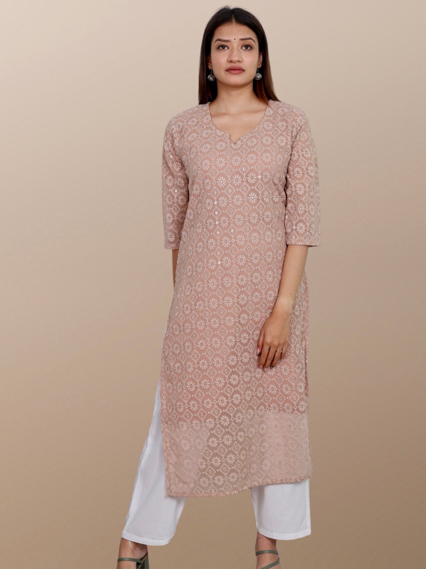 Plus Size Chikan Embroidery Kurta with Attached Slip