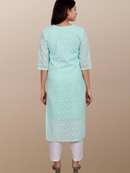 Plus Size Chikan Embroidery Georgette Kurta with Attached Slip