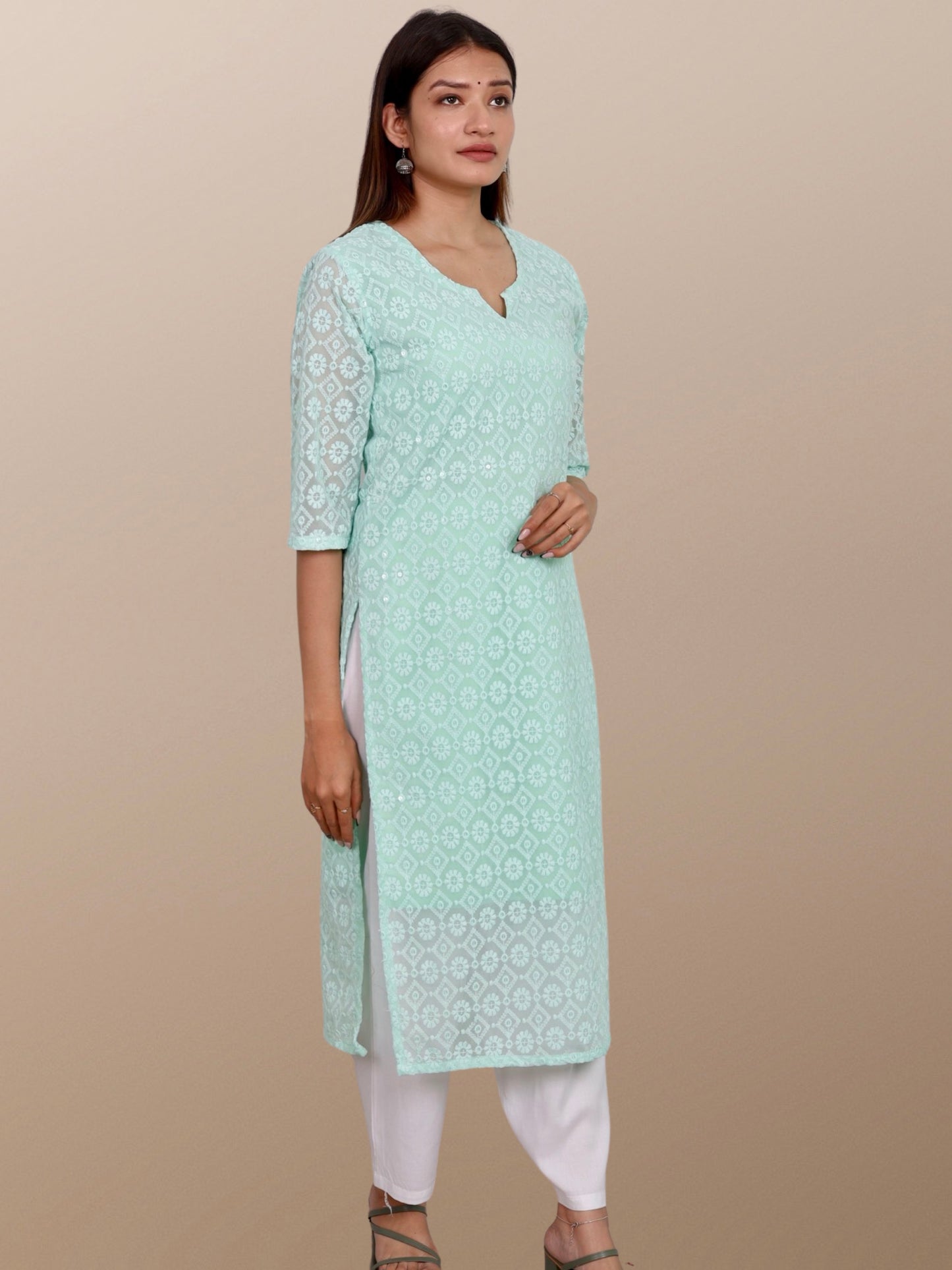 Plus Size Chikan Embroidery Georgette Kurta with Attached Slip