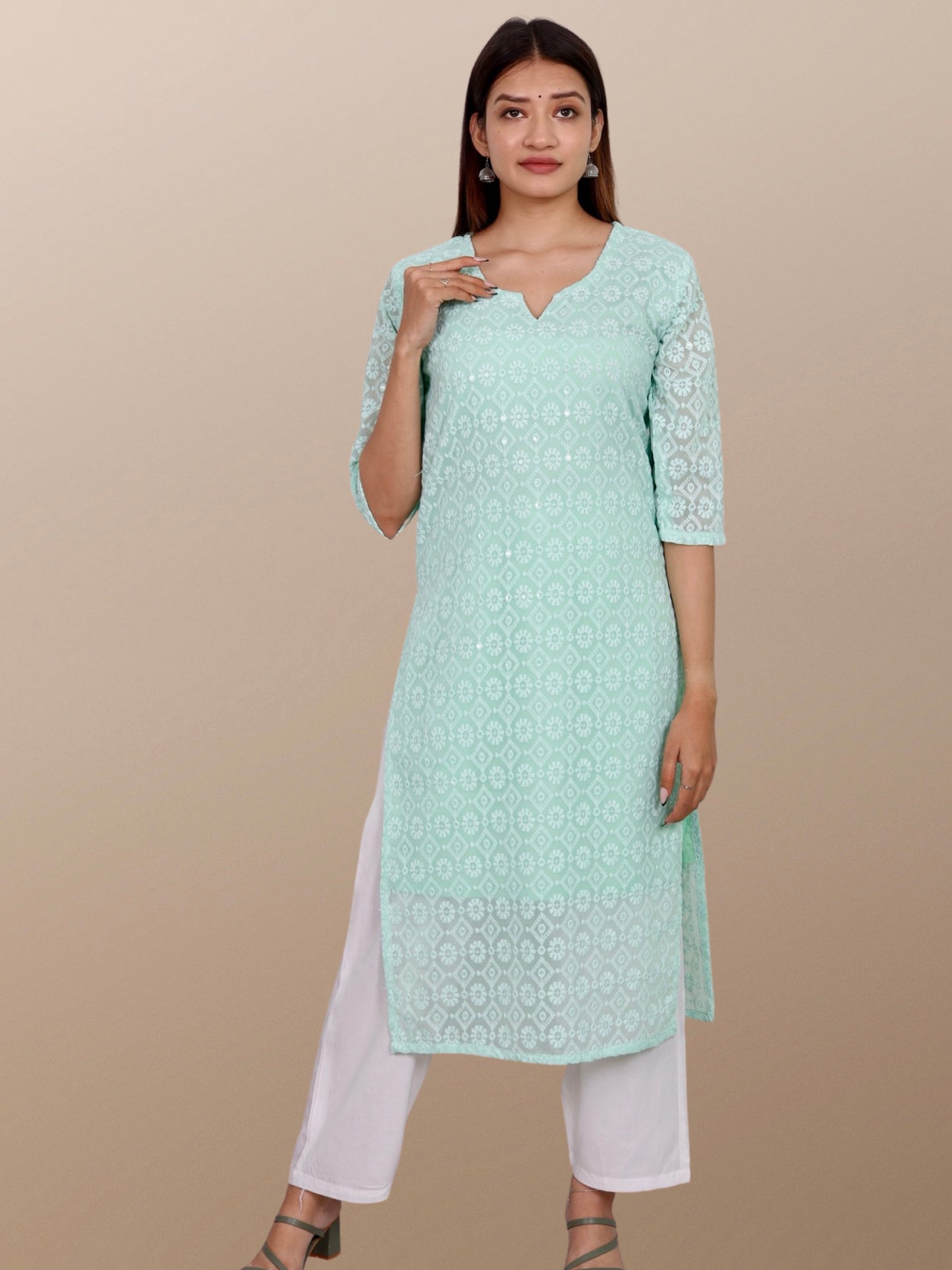 Plus Size Chikan Embroidery Georgette Kurta with Attached Slip