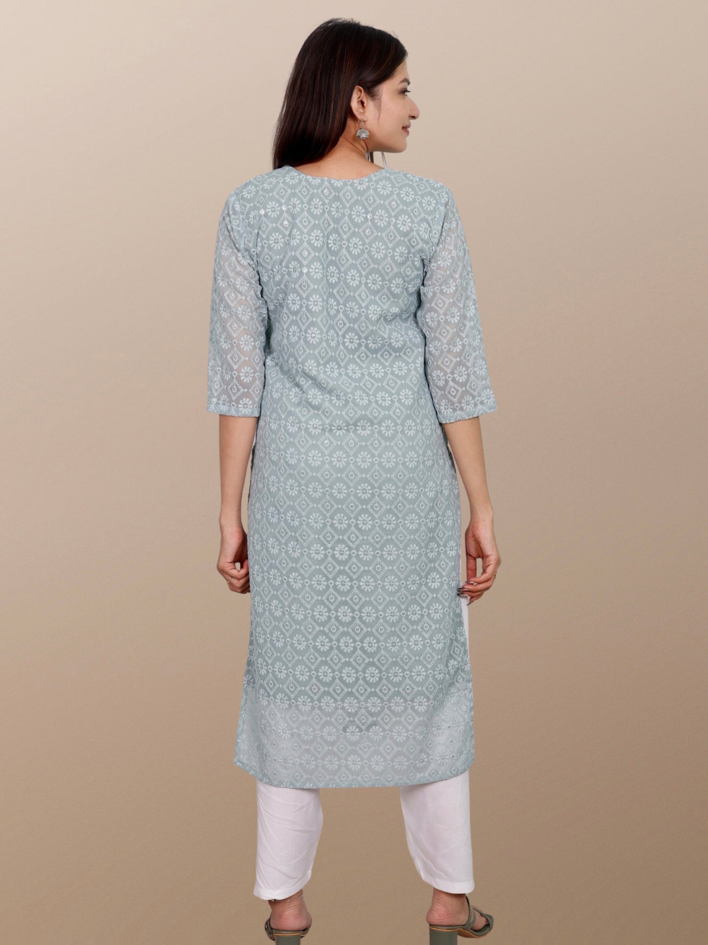 Plus Size Chikan Embroidery Georgette Kurta with Attached Slip