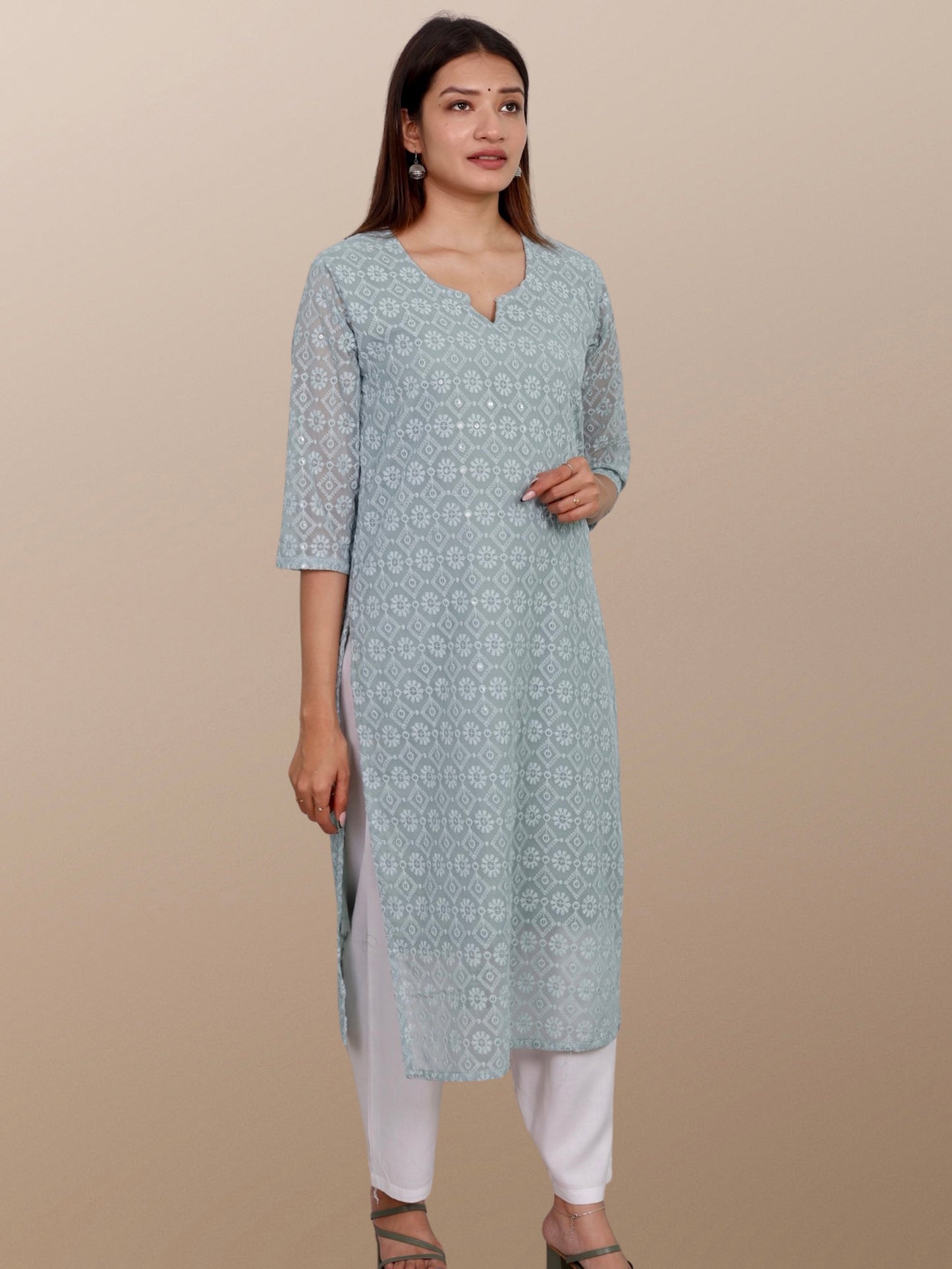 Plus Size Chikan Embroidery Georgette Kurta with Attached Slip