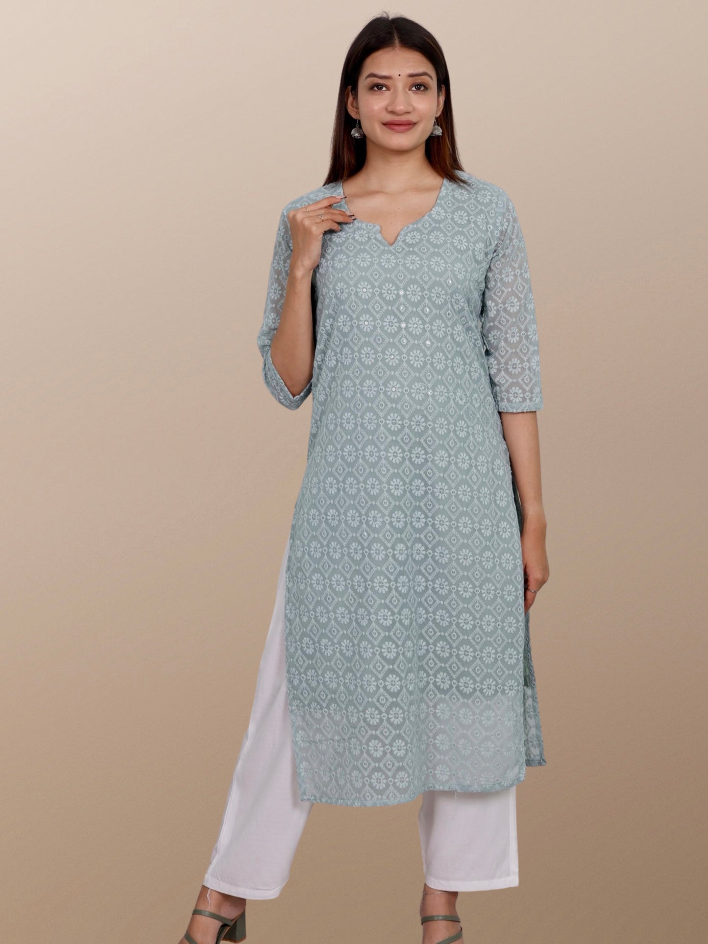 Plus Size Chikan Embroidery Georgette Kurta with Attached Slip