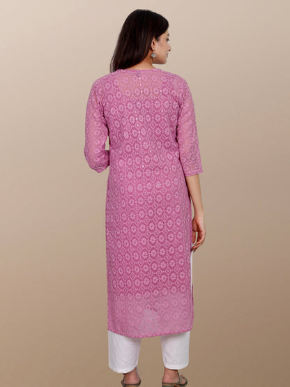 Plus Size Chikan Embroidery Georgette Kurta with Attached Slip