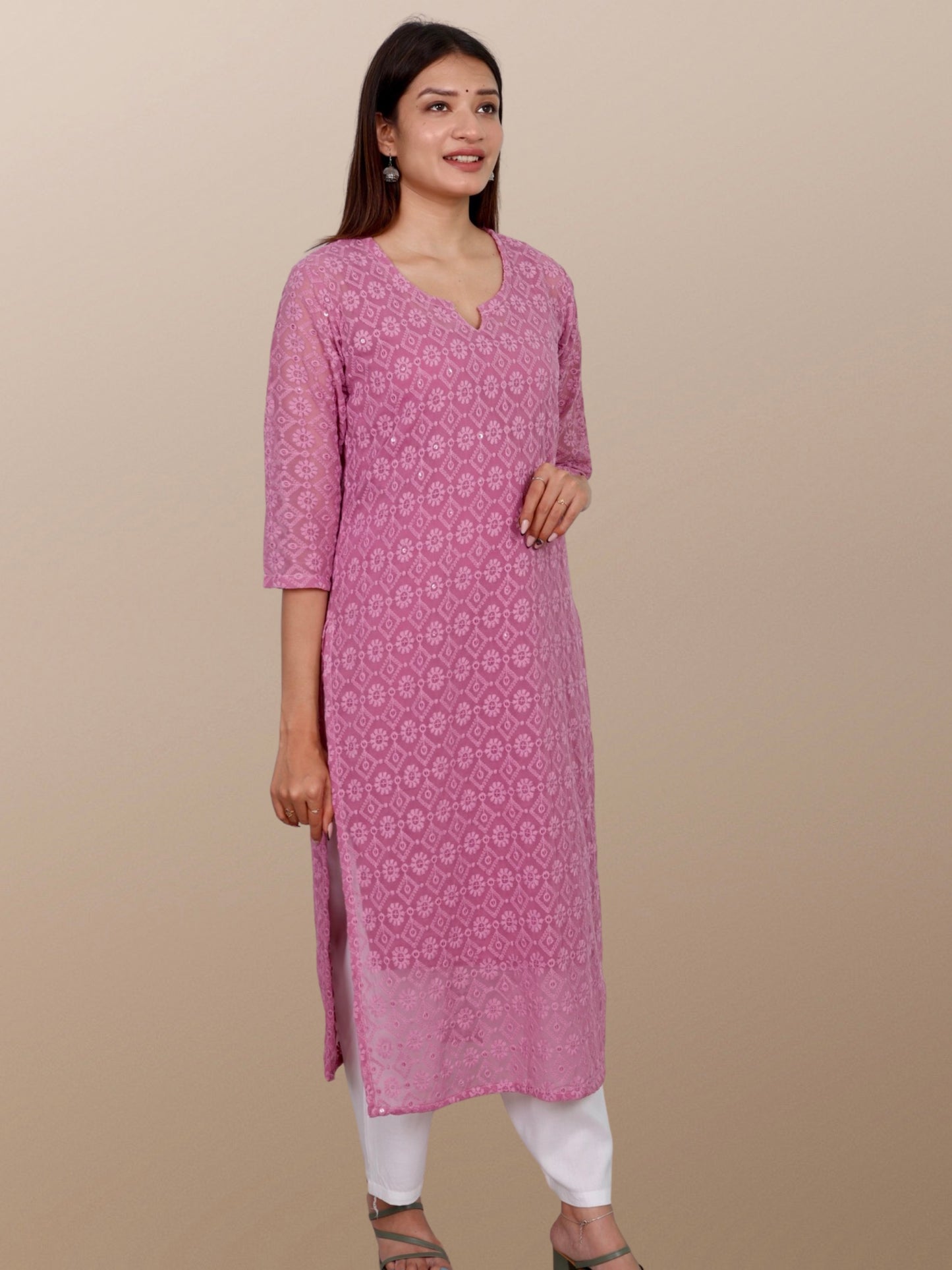 Plus Size Chikan Embroidery Georgette Kurta with Attached Slip